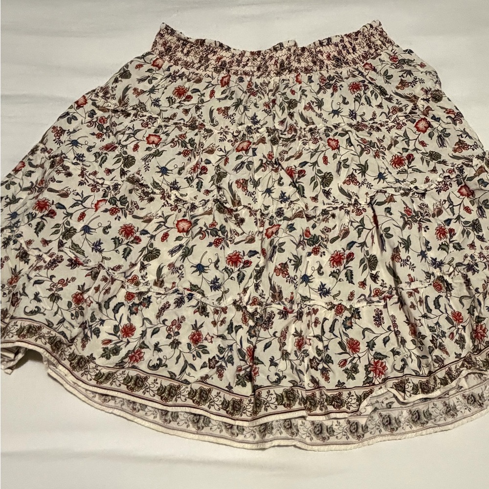 Max Studio Cream Floral Tiered Skirt with Red & Blue Accents